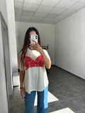 Oversized tričko s červenou zamatovou potlačou krémové | Ruby